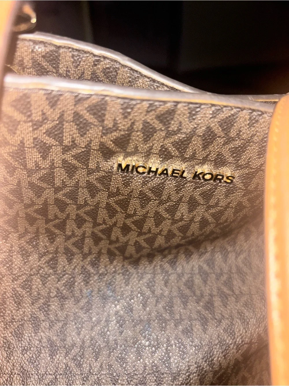 Michael Kors Brown MK Logo Shoulder Bag with Tan Straps. (INSIDE NEEDS CLEANED